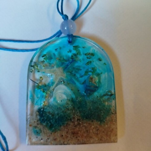 Handmade pendant with liquid glass and sea elements new, beige and blue