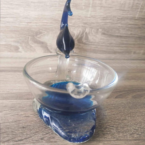 Murano crystal set used, blue basket with handle and dolphin ashtray