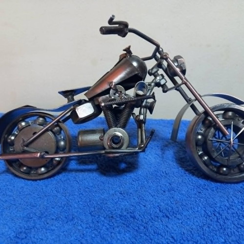 Handmade miniature metal motorcycle sculpture used, vintage chopper style