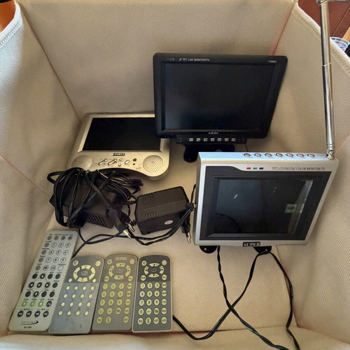 Portable LCD TVs and monitors used, pack of 3 with remotes and power supplies