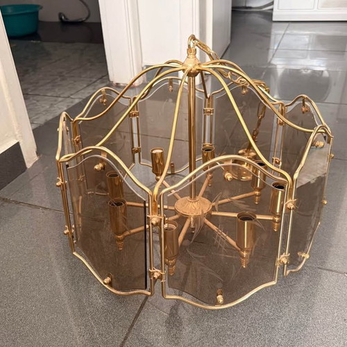 Bronze ceiling light with 8 bulbs like new, hand-engraved glass