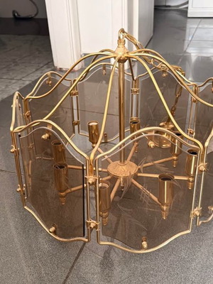 Bronze ceiling light with 8 bulbs like new, hand-engraved glass