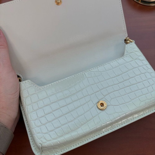 Saint Laurent Cassandre Croc-Embossed Leather Phone Holder Chain Bag, Ivory