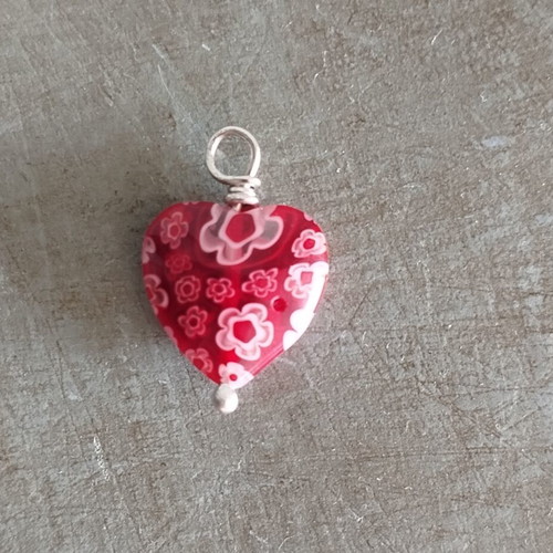 Murano heart pendant with silver ring, millefiori flowers