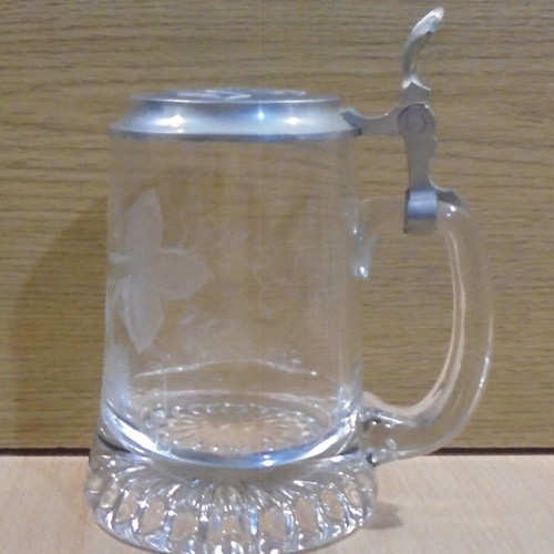 Fischer beer old rare promotional glass mug with metal lid used