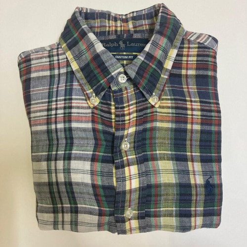 Ralph Lauren Oxford shirt, custom fit, green plaid, dark blue pony, size S