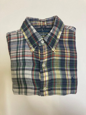 Ralph Lauren Oxford shirt, custom fit, green plaid, dark blue pony, size S