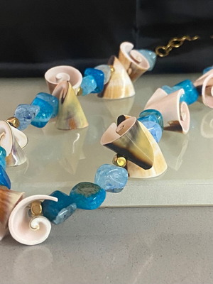 Handmade necklace with shells, aquamarine and hematite new, beige and gold-tone