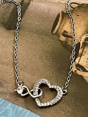 Steel necklace with heart and sparkling zirconia, new, silver color