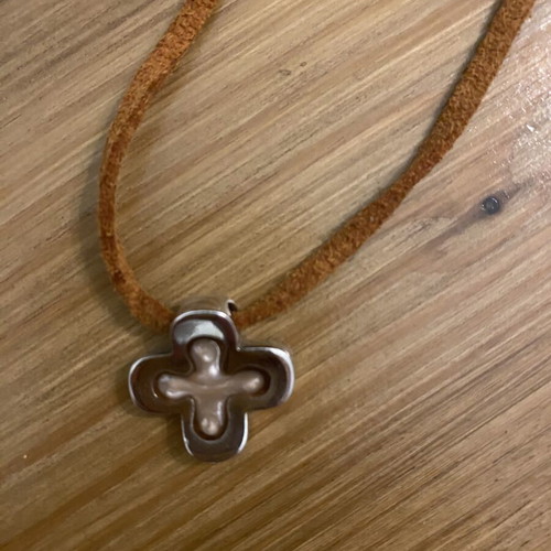 Silver cross with mother of pearl and leather cord new
