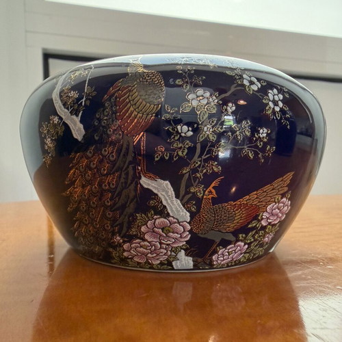 Vintage Japanese porcelain set used, cobalt blue with peacocks