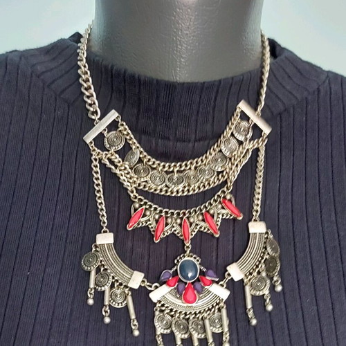 Massive Ethno Necklace with Stones and Extender like new