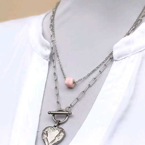 Layered stainless steel necklace with pink ceramic cube and embossed heart new