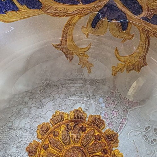 Vintage baroque style platter with gold and blue embossed design, like new