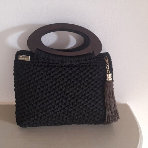 Handmade handbag new with wooden handle, black and brown