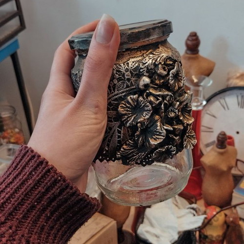 Mixed Media upcycled jar like new with handmade clay elements