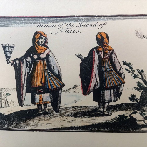 Two collectible hand-colored engravings with traditional costumes like new