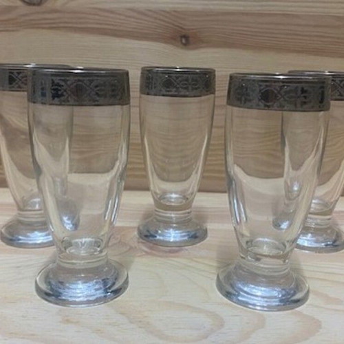 Crystal glasses like new, set of 5, with silver decorative rim