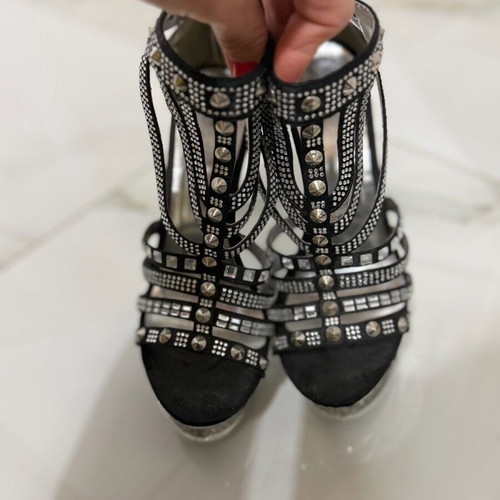 Black Belle Woman sandal used with silver rhinestones, 12 cm heel