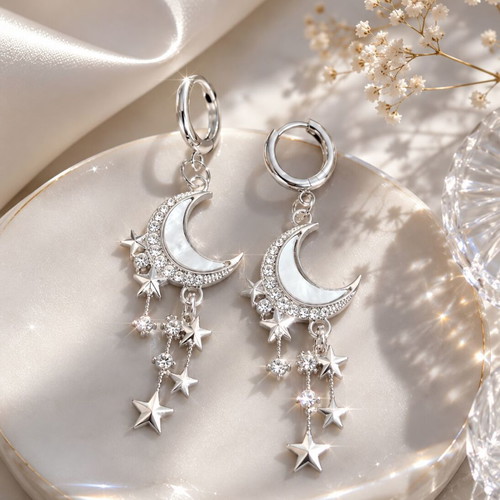 Celestial Earrings Moonlight Stars Handmade Silver Chandelier