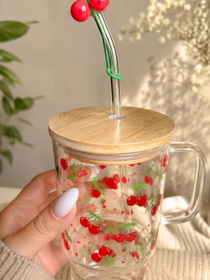 Glass Mug with Cherry Design like new, wooden lid and glass straw