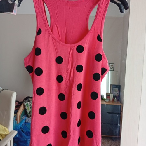 Pink top with black polka dots, size M