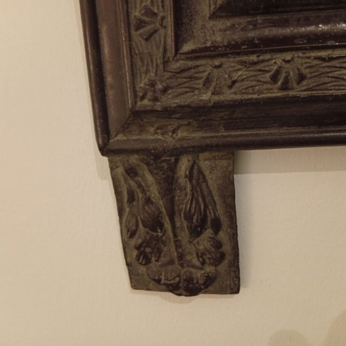 Carved Mirror statement piece with sculpted figures, like new, dark gray