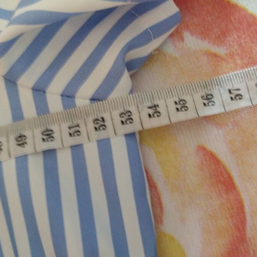Summer dress with V-neck and long waist ties, blue and white stripes, size M