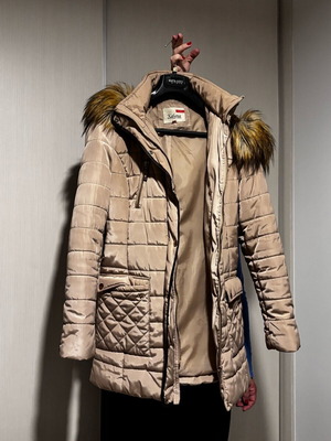 Thick beige jacket used with hood and belt, size L