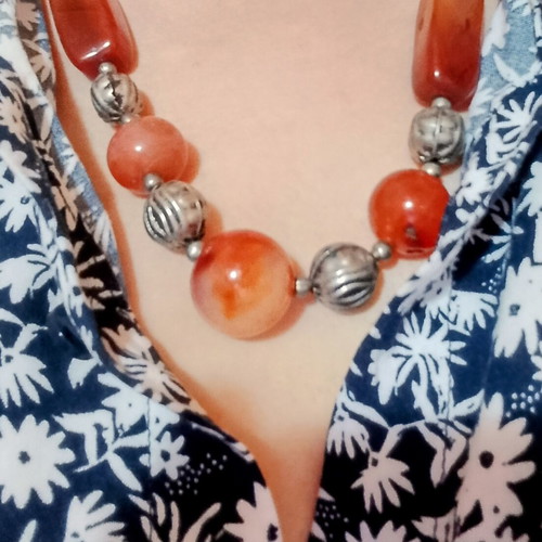 Handmade Boho Statement Necklace with Natural Carnelian Stones and Metal Elements