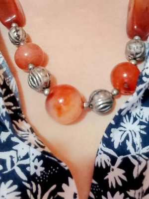Handmade Boho Statement Necklace with Natural Carnelian Stones and Metal Elements