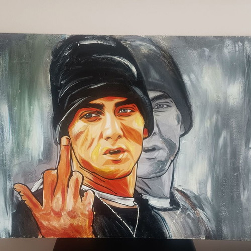 Eminem painting new, oil on plywood with autograph