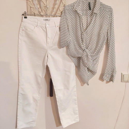 White high-waisted denim set and polka dot tulle shirt, like new