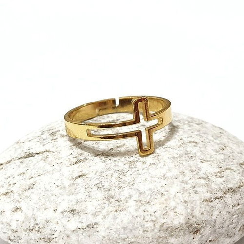 Cross ring adjustable stainless steel with gold plating new