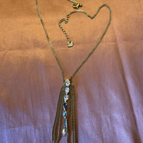 Swarovski Gold-Tone Crystal Tassel Necklace with Swan Logo and Box