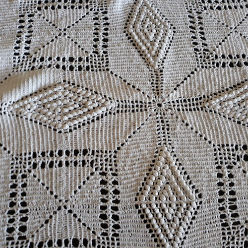 Cotton knitted blanket used, handmade with lace trim