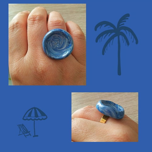Ring with blue and white marble-like design, adjustable steel base, made to order