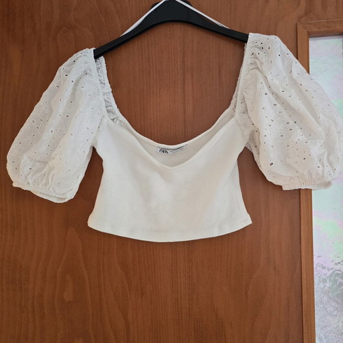 Zara white off-shoulder crop top with puffed eyelet sleeves