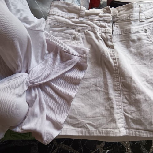 Janina denim crop top and skirt set like new, white