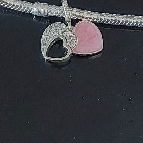 Pandora charm with two hearts, new, pink and silver