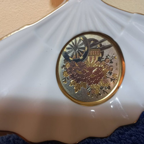 Chokin Plate Limited Edition 24KT Gold Fan Shape used, Japan