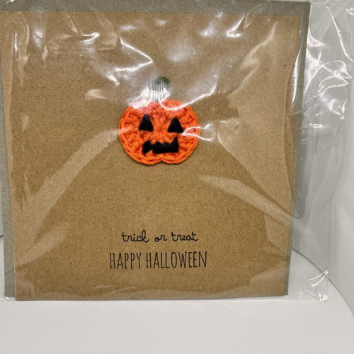 Handmade Halloween card with crocheted pumpkin and envelope, new
