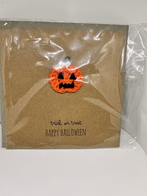 Handmade Halloween card with crocheted pumpkin and envelope, new