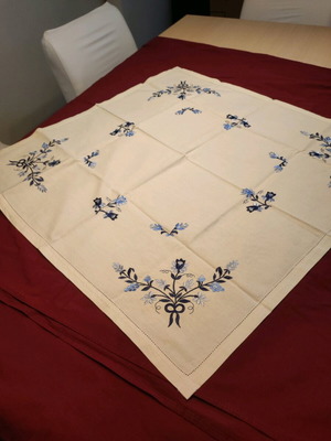Cotton tablecloth used, beige with blue embroidery 75x75