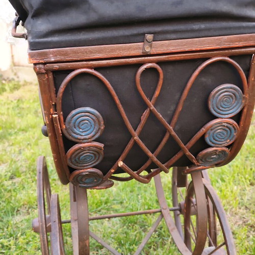 Antique collector rattan stroller set with porcelain doll used