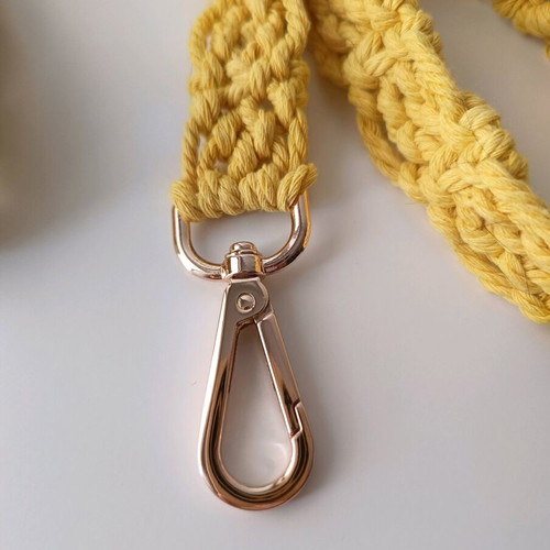 Handmade knitted dog leash yellow new with brown and rose gold details