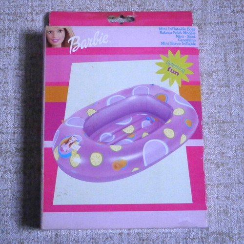Barbie set of 4 inflatable boat, life buoy, swimming goggles, rackets new with box