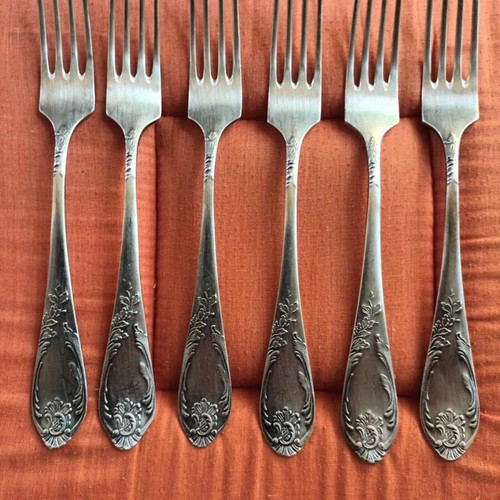Set of 6 vintage large silver-plated forks Soviet Union type 2 used