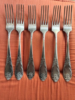 Set of 6 vintage large silver-plated forks Soviet Union type 2 used