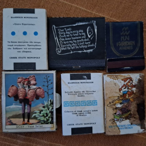 Vintage matchbook collection used, 6 pieces Greek Monopoly and international
